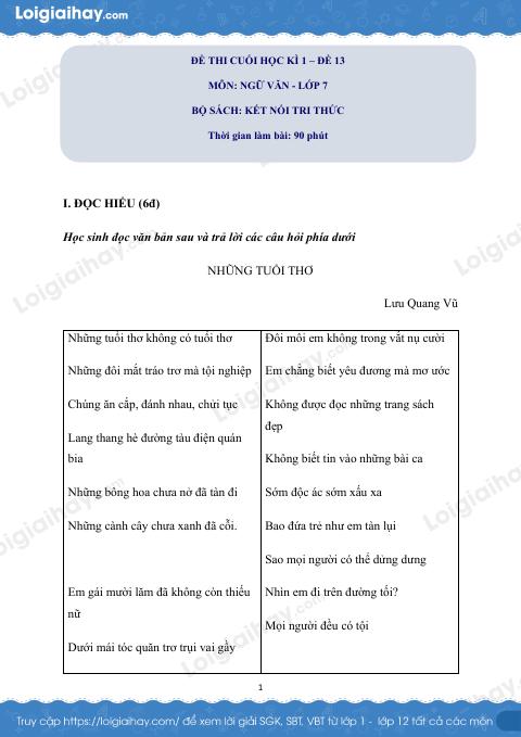 Đề thi học kì 1 Văn 7 Kết nối tri thức - Đề số 13